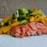 slow roasted salmon with mango-cucumber salsa