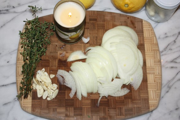 sliced onions and garlic, fresh thyme