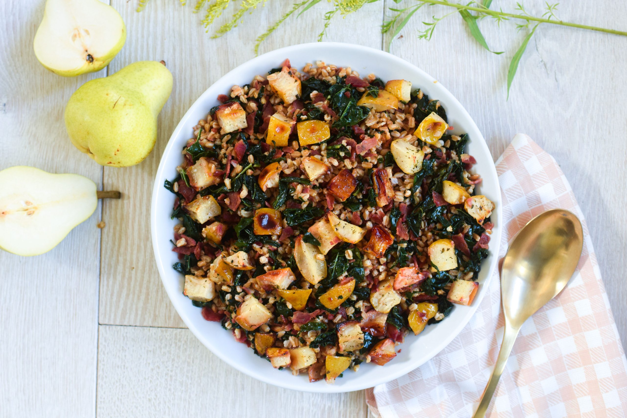 farro and kale with roasted pears