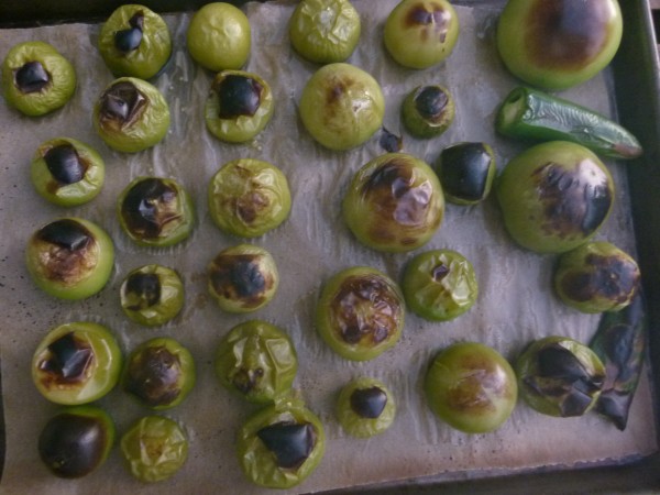 Charred tomatillos and jalapenos