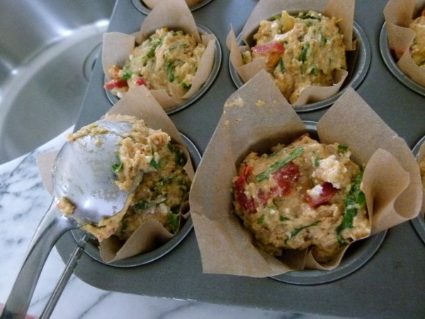 savory muffins with spinach, feta and roasted peppers 