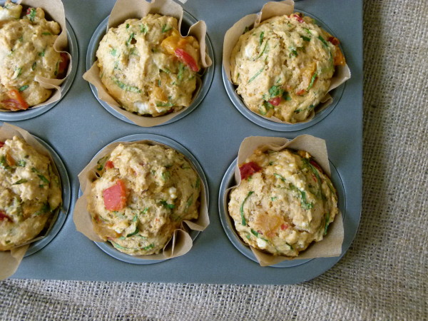 Savory muffins with spinach, feta and roasted peppers