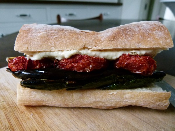 grilled veggie and hummus sandwich with slow roasted tomatoes