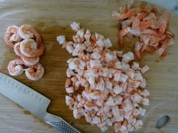 chopping cooked shrimp