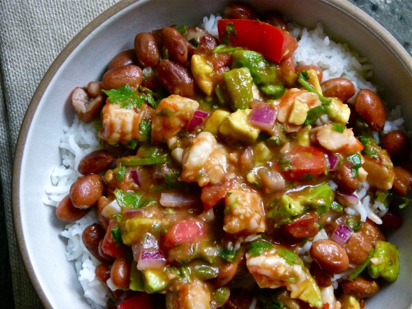 shrimp salsa over rice and beans | pamela salzman