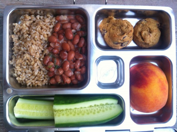 Brown rice, beans, cookies, peach, cucumbers