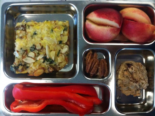 Brown rice and kale bake, nectarine, red peppers, pecans, cookie