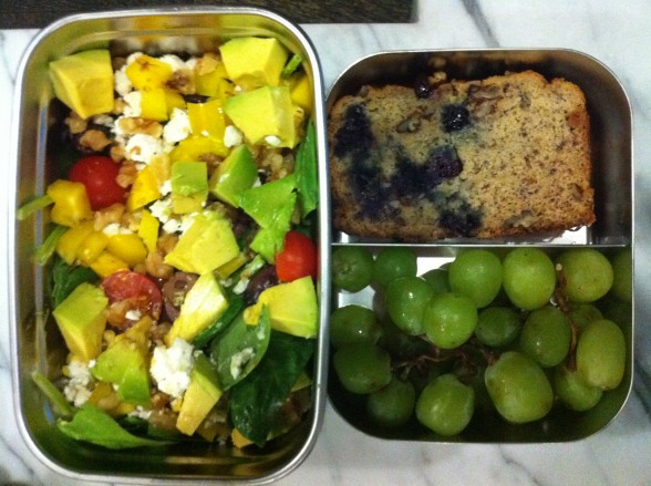 salad, banana bread, grapes