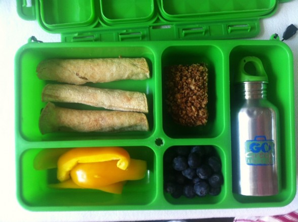 taquitos, yellow peppers, oat bar, blueberries