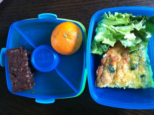 vegetable frittata, salad, chocolate oat bar, tangerine