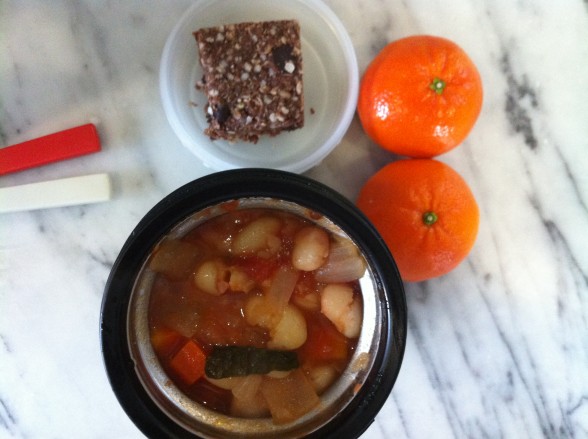 minestrone soup, granola bar, tangerines