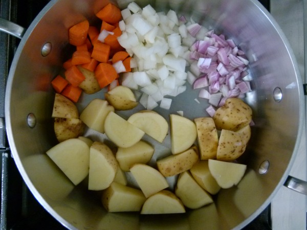 potatoes, carrots, shallot, onion