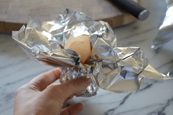 to roast garlic, wrap in parchment then foil