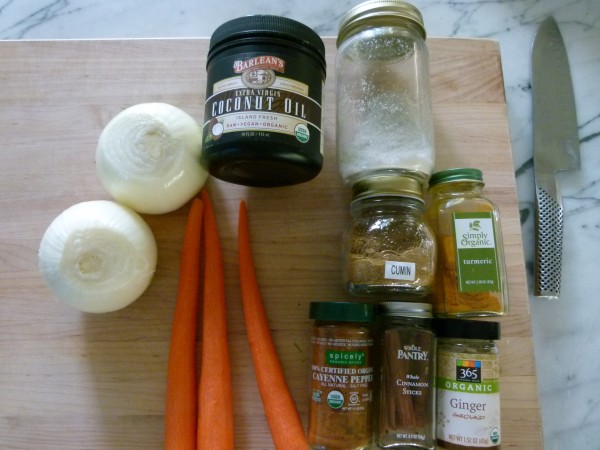 onion, carrots, coconut oil and spices