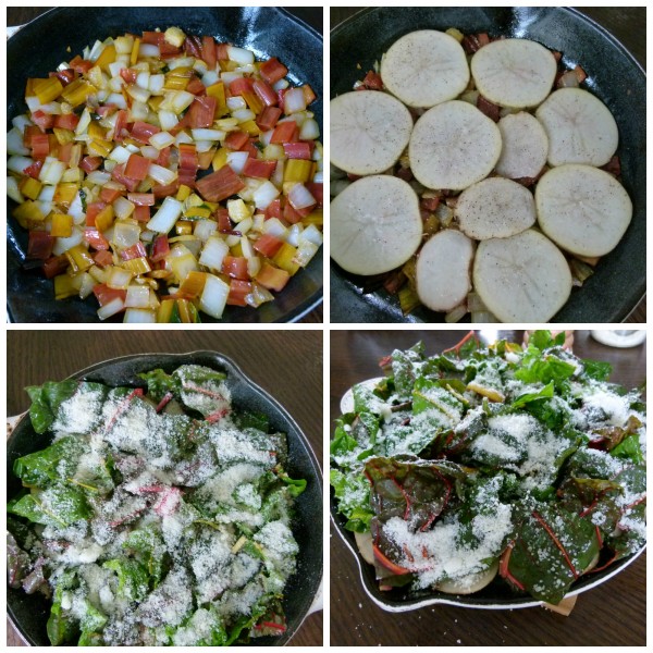 layering onions, potatoes, chard leaves and Parmesan