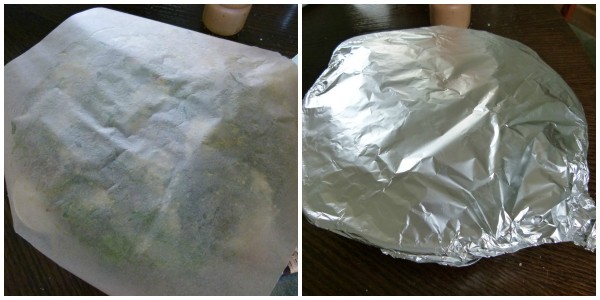 cover first with parchment and then with aluminum 