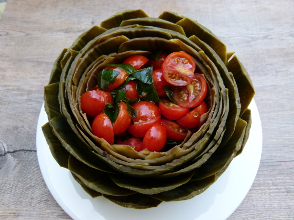 whole steamed artichokes with tomato-basil salad | pamela salzman