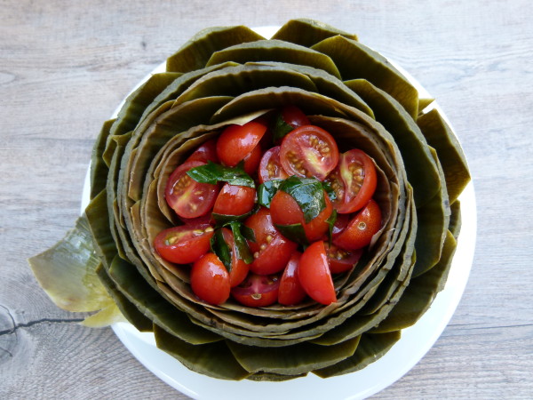 whole steamed artichokes with tomato-basil salad