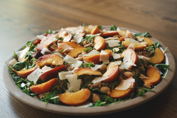 arugula and farro salad with peaches