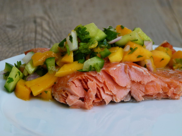 slow roasted salmon with mango-cucumber salsa