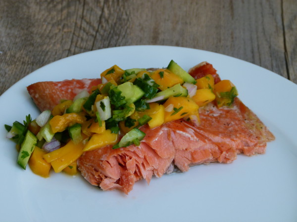 slow roasted wild salon with mango-cucumber salsa | pamela salzman