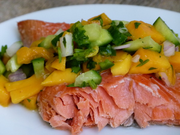 slow roasted wild salmon with mango-cucumber salsa | pamela salzman