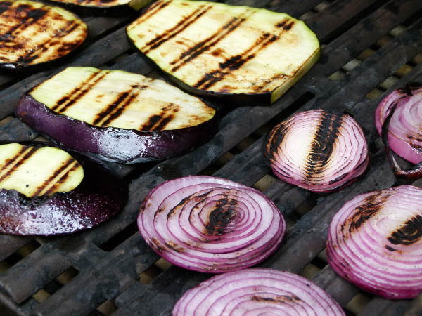 eggplant and onions on the grill