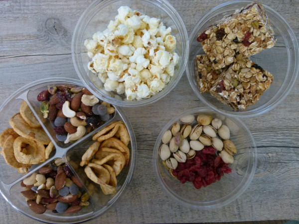 trail mix, nuts, dried fruit, granola bars, popcorn
