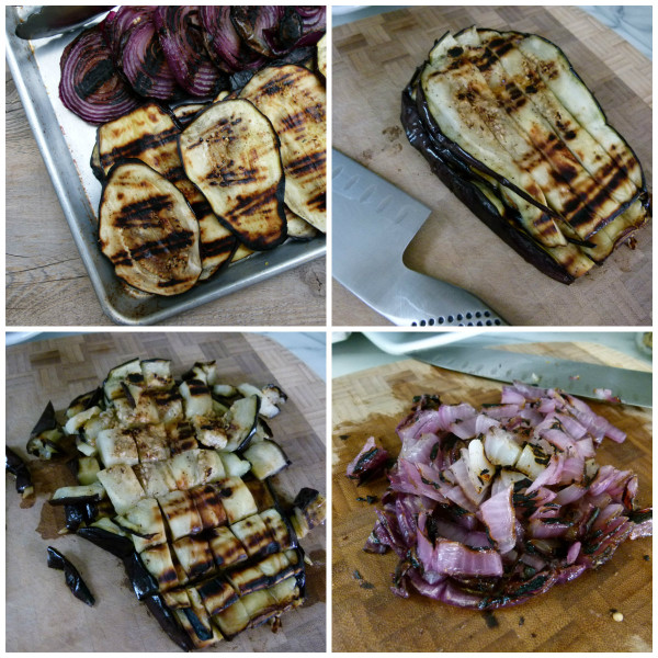 grill the red onions and eggplant and chop