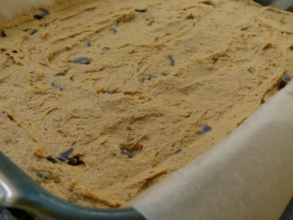 pumpkin chocolate chip bars ready to be baked