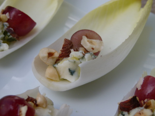 endive leaves with grapes, hazelnuts and roquefort | pamelasalzman.com