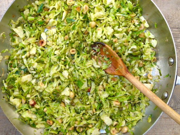 brussels sprout hash with lemon, hazelnuts and capers | pamela salzman