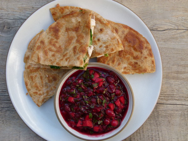 turkey and spinach quesadillas with cranberry salsa