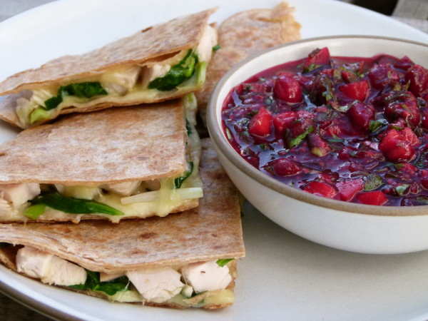 turkey and spinach quesadillas with cranberry salsa | pamela salzman