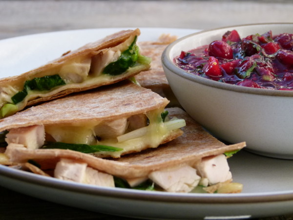 turkey and spinach quesadillas with cranberry salsa | pamela salzman