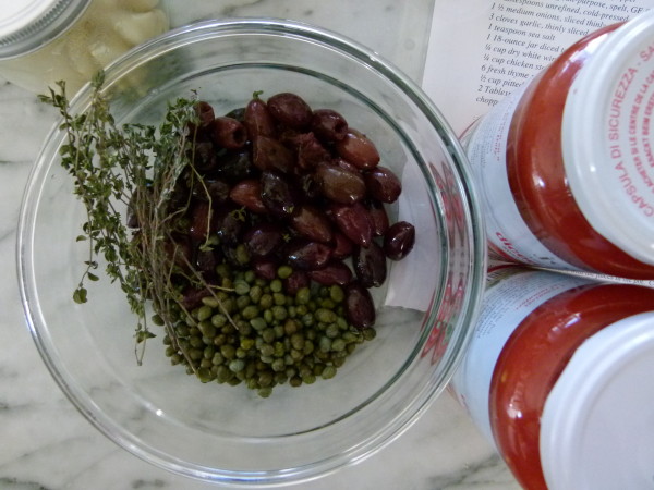 olives, capers, thyme, jars of tomatoes