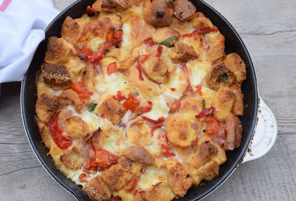 tomato, roasted pepper and basil strata recipe | pamela salzman