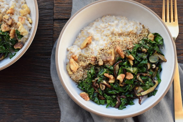 savory oats with kale, mushrooms and walnuts | pamela salzman