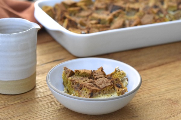 pumpkin bread pudding with apple caramel sauce | pamela salzman