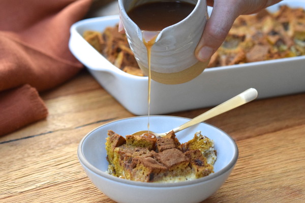 pumpkin bread pudding with apple caramel sauce | pamela salzman