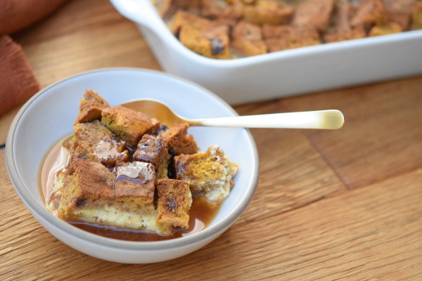 pumpkin bread pudding with apple caramel sauce | pamela salzman