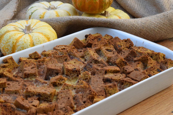 pumpkin bread pudding with apple caramel sauce | pamela salzman