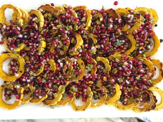 roasted delicata squash with pomegranate - pistachio relish | pamela salzman