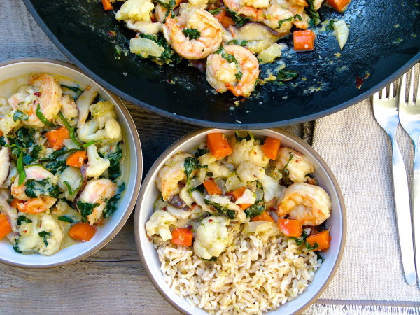 Shrimp and mixed vegetables with coconut-basil sauce recipe