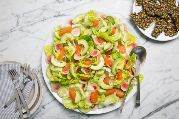 spring salad with orange, avocado, radish and pumpkin seed brittle | pamela salzman