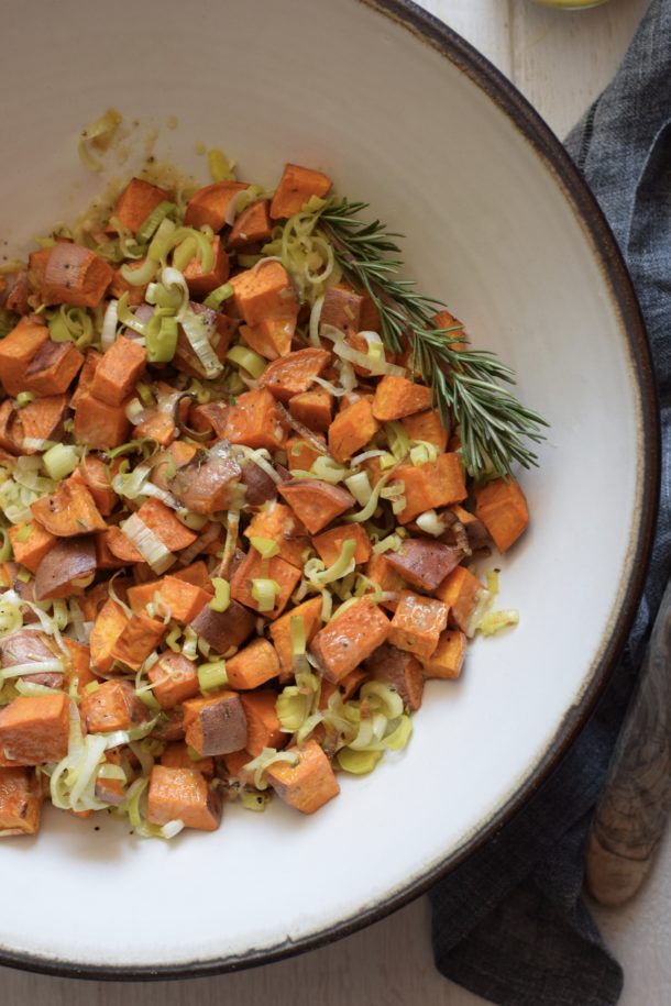 Roasted Sweet Potatoes and Leeks with Roasted Garlic Dressing | Pamela Salzman