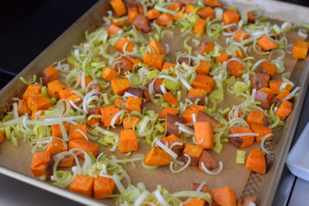 Roasted Sweet Potatoes and Leeks with Roasted Garlic Dressing | Pamela Salzman