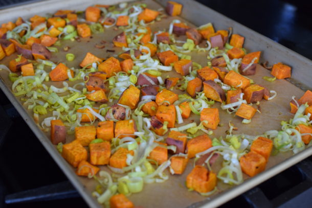 Roasted Sweet Potatoes and Leeks with Roasted Garlic Dressing | Pamela Salzman