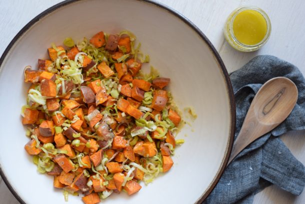 Roasted Sweet Potatoes and Leeks with Roasted Garlic Dressing | Pamela Salzman