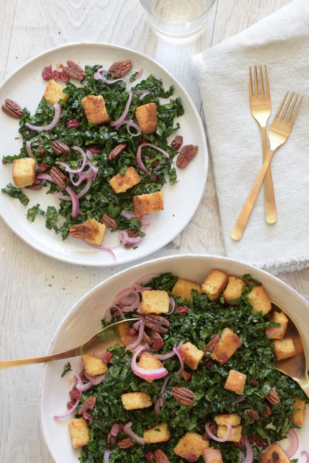 Harvest Kale Salad with Cornbread Croutons | Pamela Salzman